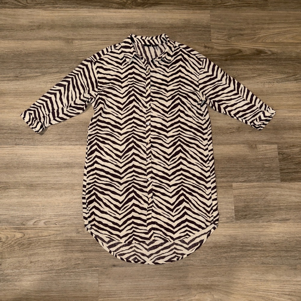 Tahari Zebra Print Linen Blend Tunic Shirt Dress Button Front Animal Small